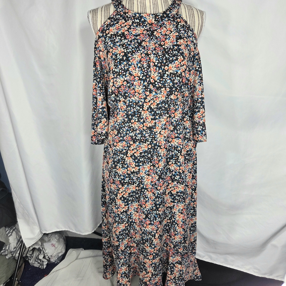 Emma & Michele Black Multi Floral Print Cold Shoulder Short Sleeve Dress Size 8
